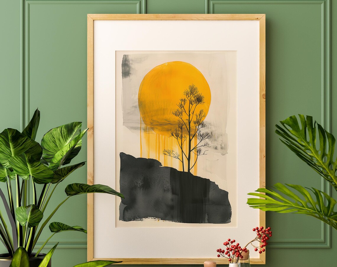Golden Sun Lone Tree Minimalist Watercolor Art Print with Black Rock - Image 5