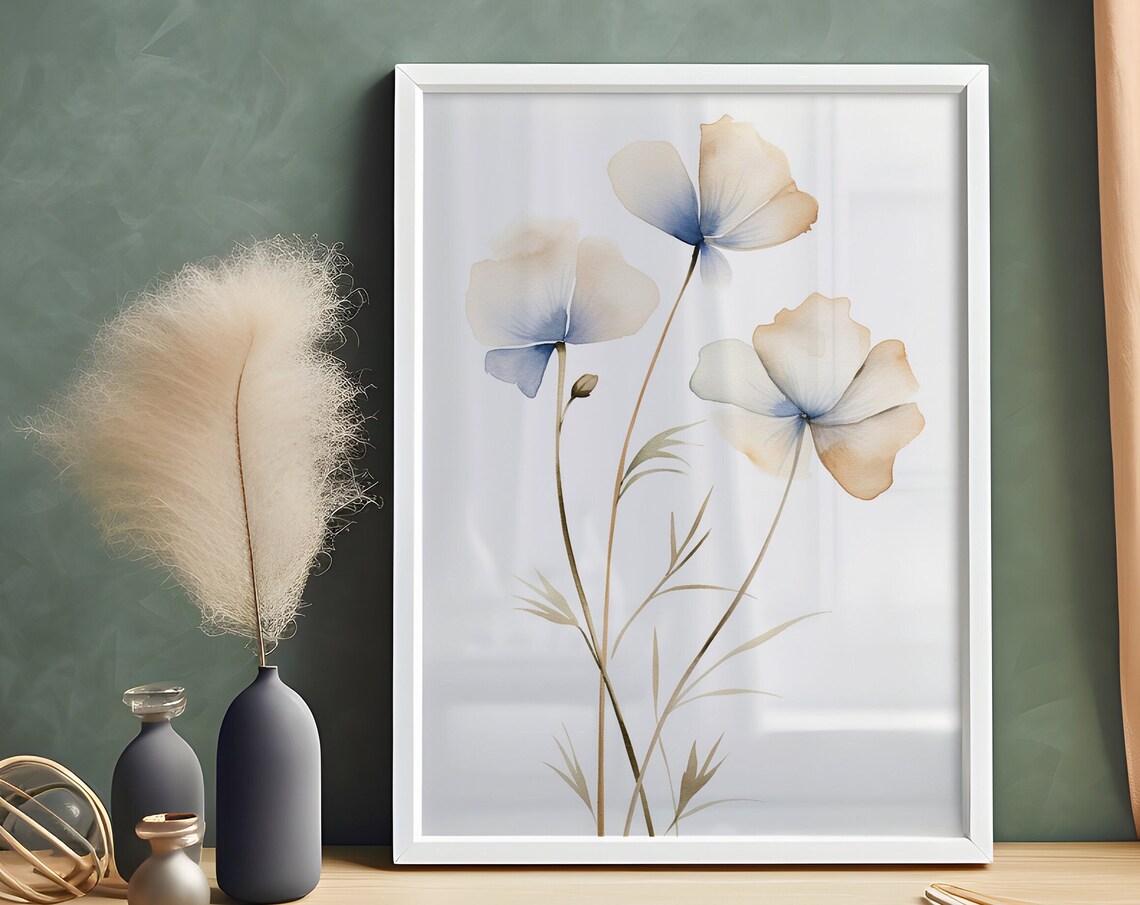 White Poppy Flowers Watercolor Soft Minimalist Botanical Art Poster