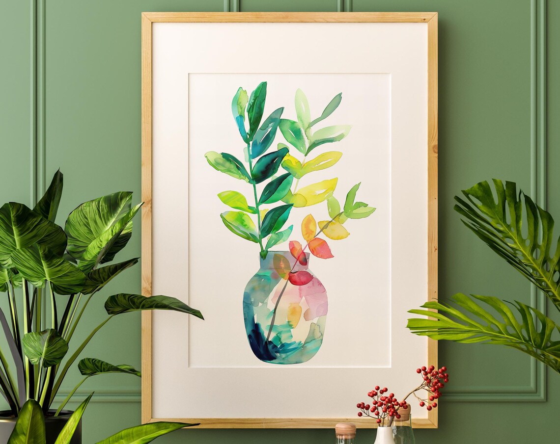 Colorful Garden Leaves in Glass Vase Watercolor Still Life Poster - Image 5