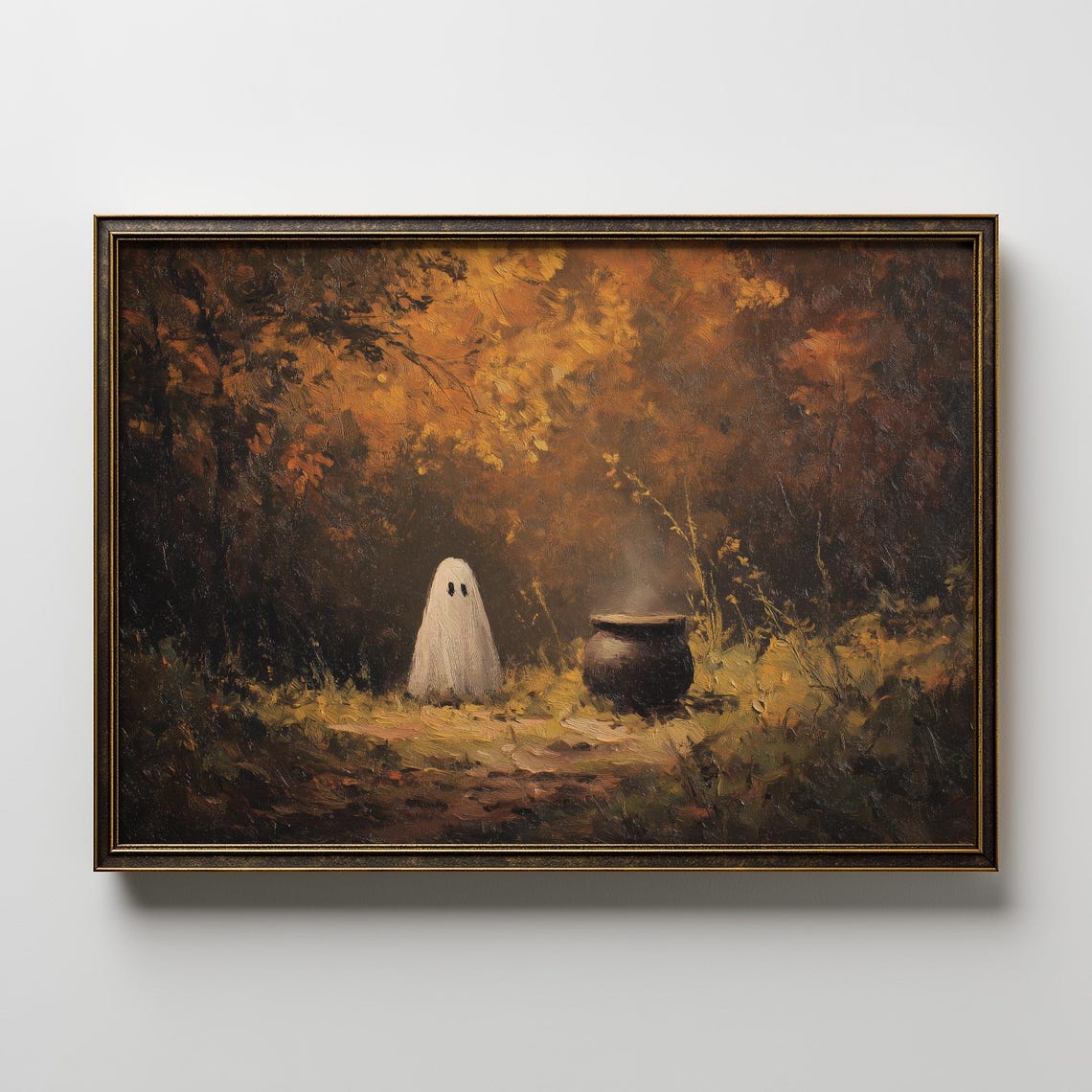 Autumn Painting Spooky Forest Artwork Halloween Cauldron Scene Cozy Fall Poster Haunted Season Wall Art