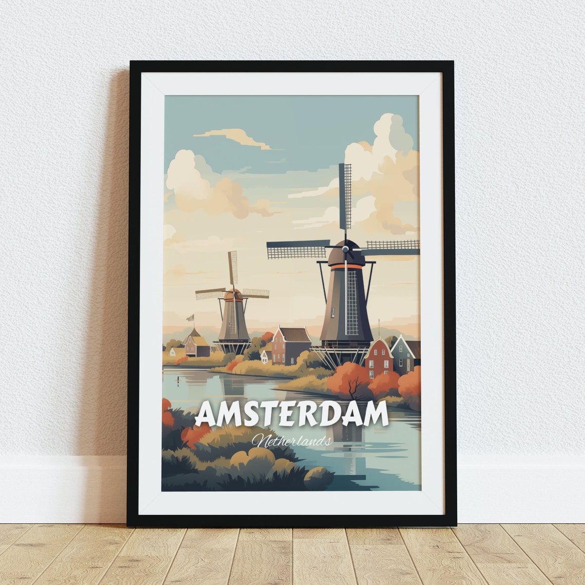 Amsterdam Dutch Windmills Riverside Sunset Vintage Travel Poster