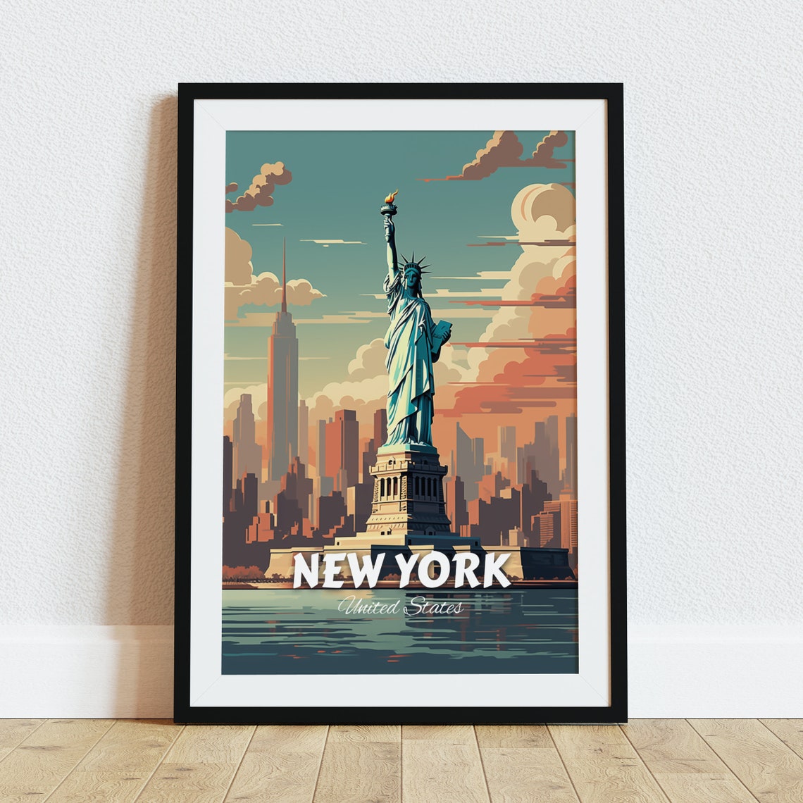 New York Statue Of Liberty Skyline Retro Vintage Travel Poster