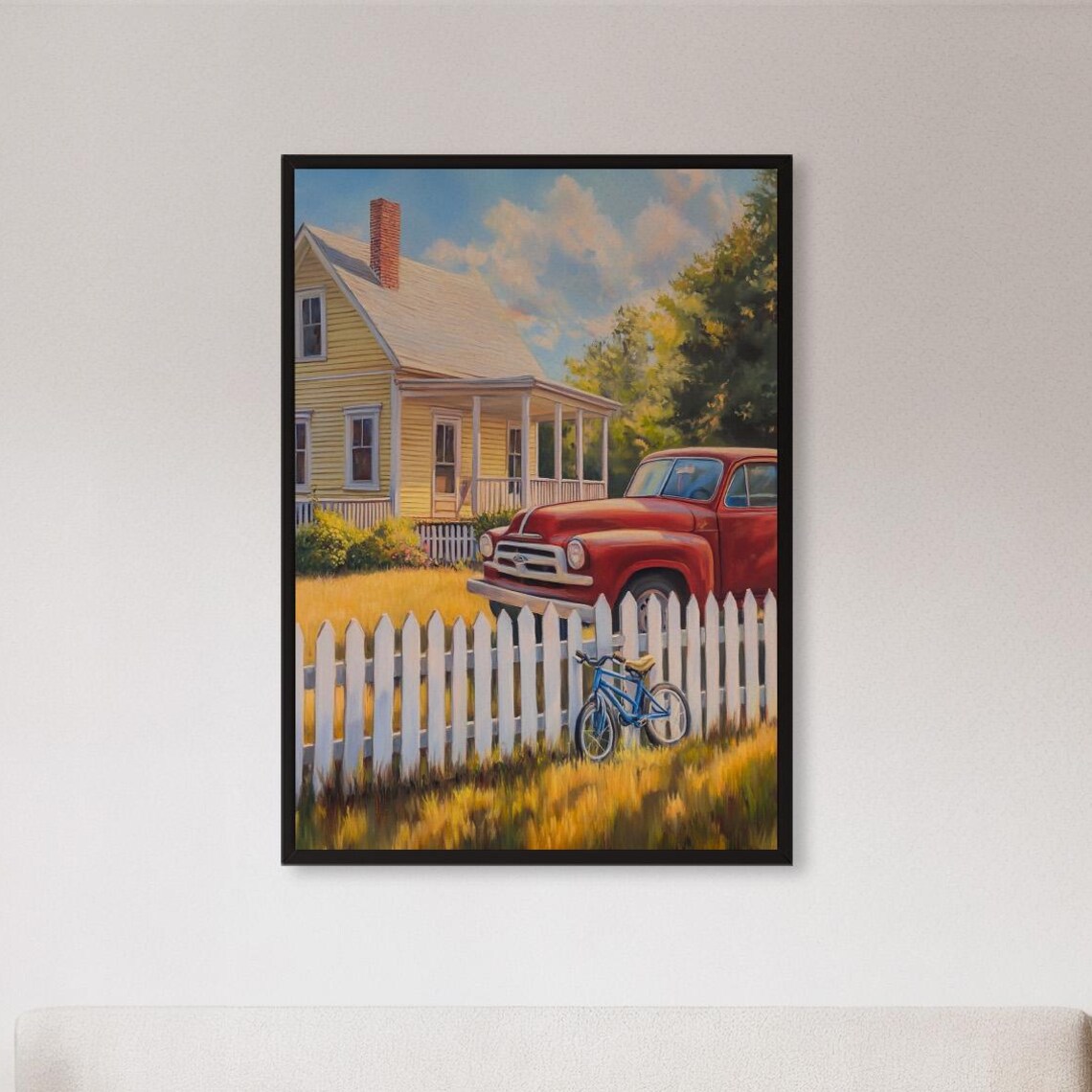 Vintage Red Truck Farmhouse Picket Fence Nostalgic Scene Poster