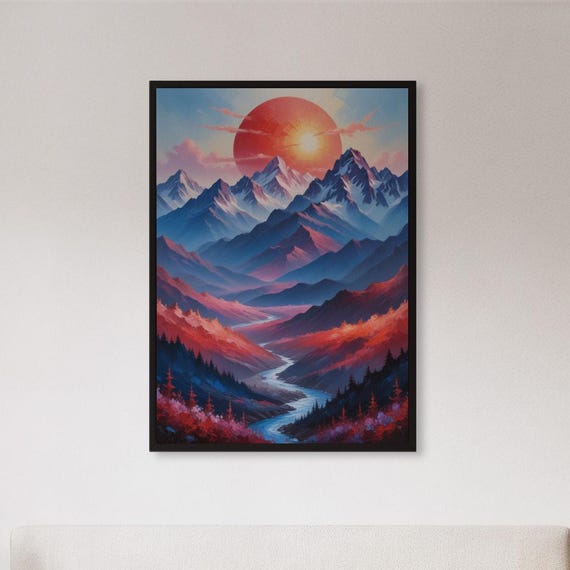 Framed Vibrant Mountain Wall Art Print Sunset Landscape Poster With River View Colorful Nature Painting Gift For Hikers Scenic Home Decor