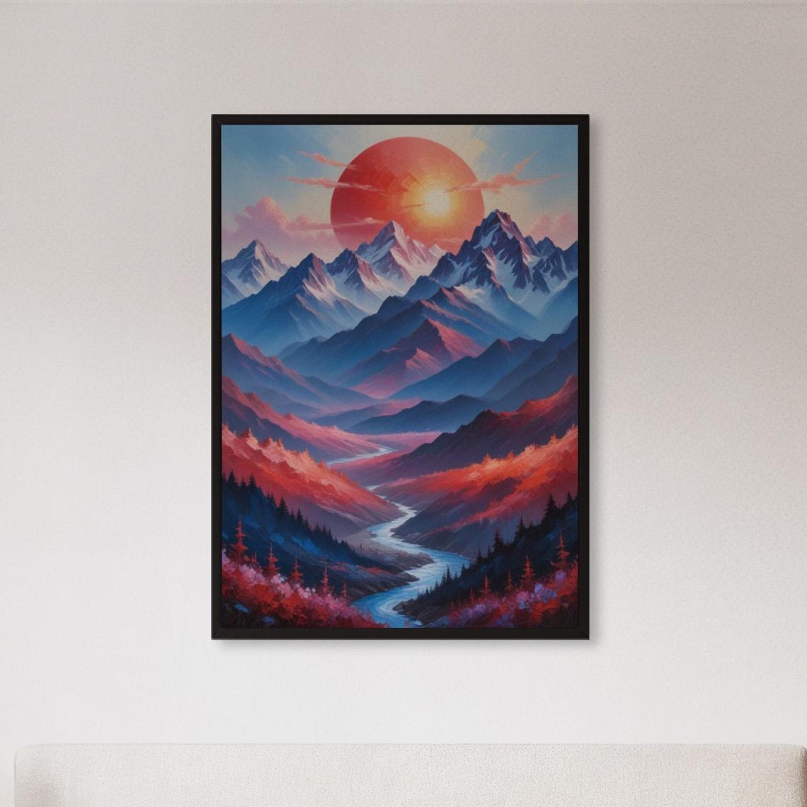 Vibrant Mountain Sunset Giant Red Sun River Valley Nature Poster