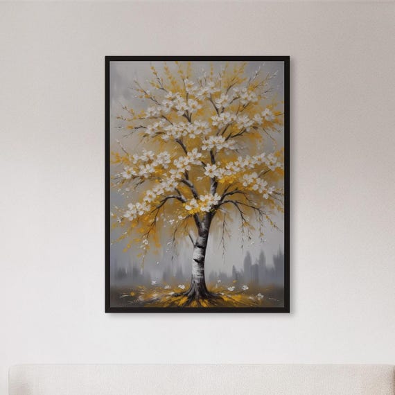 Framed Yellow Tree Wall Art Print Blooming Floral Nature Poster Tranquil Forest Landscape Painting Gift For Calm Home Or Zen Interiors