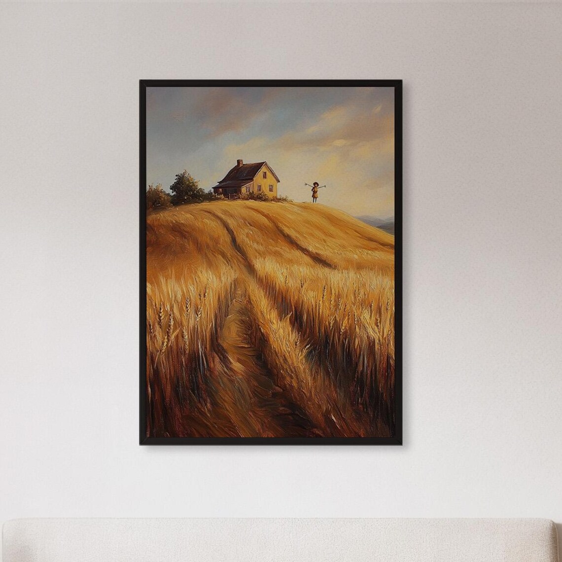 Golden Wheat Field Farmhouse Sunset Painting Countryside Poster