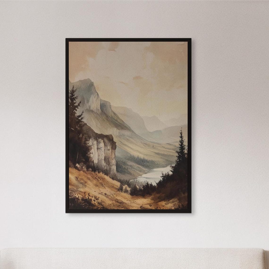 Misty Mountain Valley Watercolor Neutral Landscape Painting Poster
