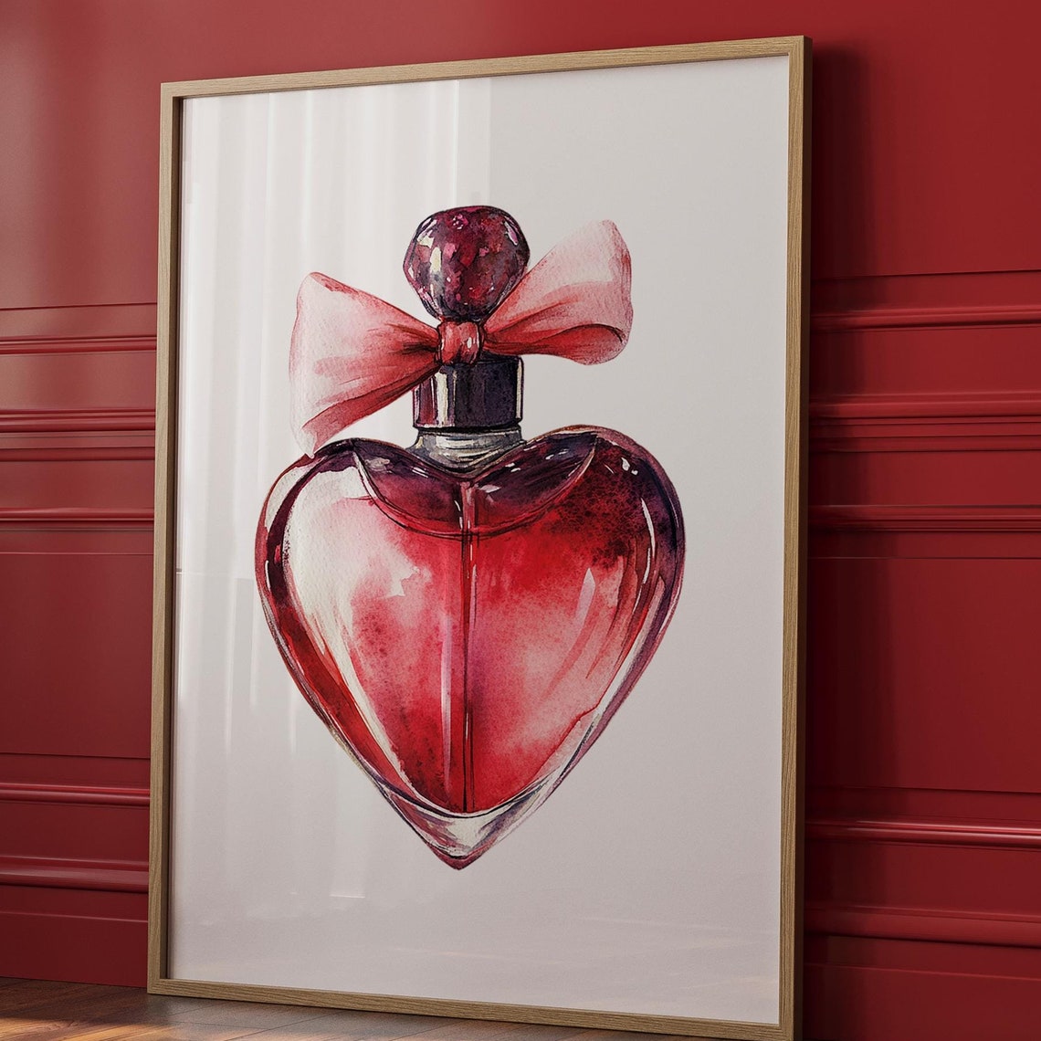 Heart Shaped Red Perfume Bottle With Pink Bow Valentine Poster