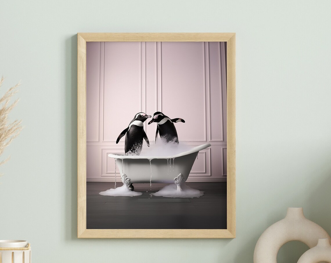 Penguins In Bathtub Funny Surreal Animal Pink Bathroom Wall Poster