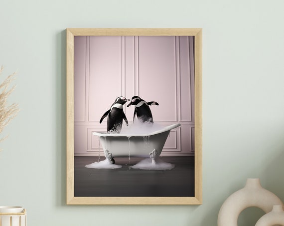 Penguins In A Bathtub Funny Penguin Art Funny Animal Wall Art Animal Prints Bathroom Decor Bathroom Art Print Optional Frame