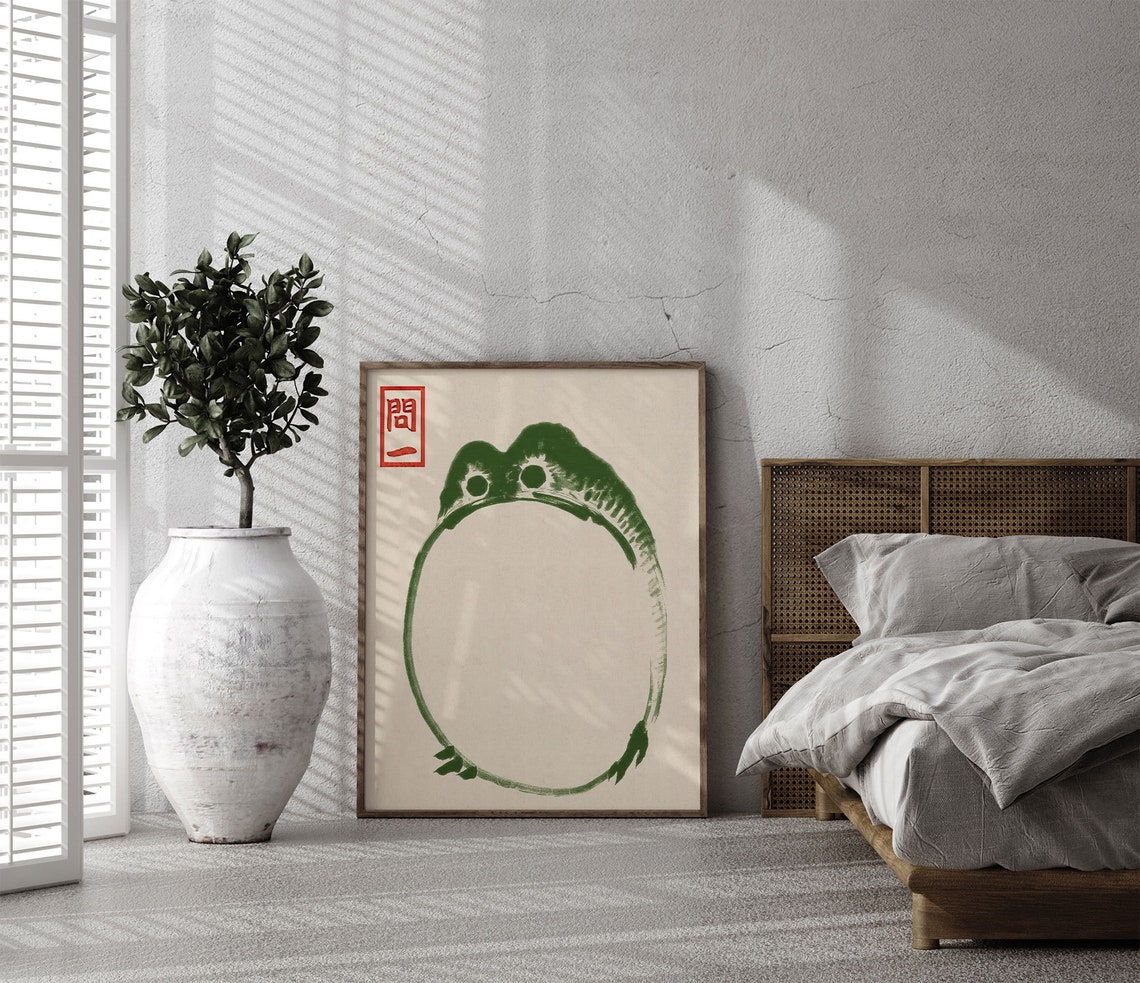 Japanese Vintage Round Frog Woodblock Red Seal Ink Art Poster - Image 4