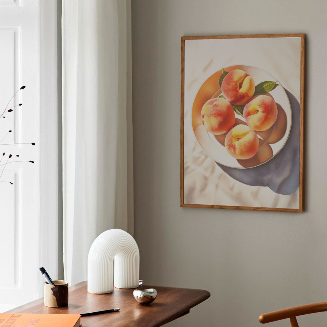Peaches On Plate Sunlit Realistic Fruit Still Life Kitchen Poster - Image 3