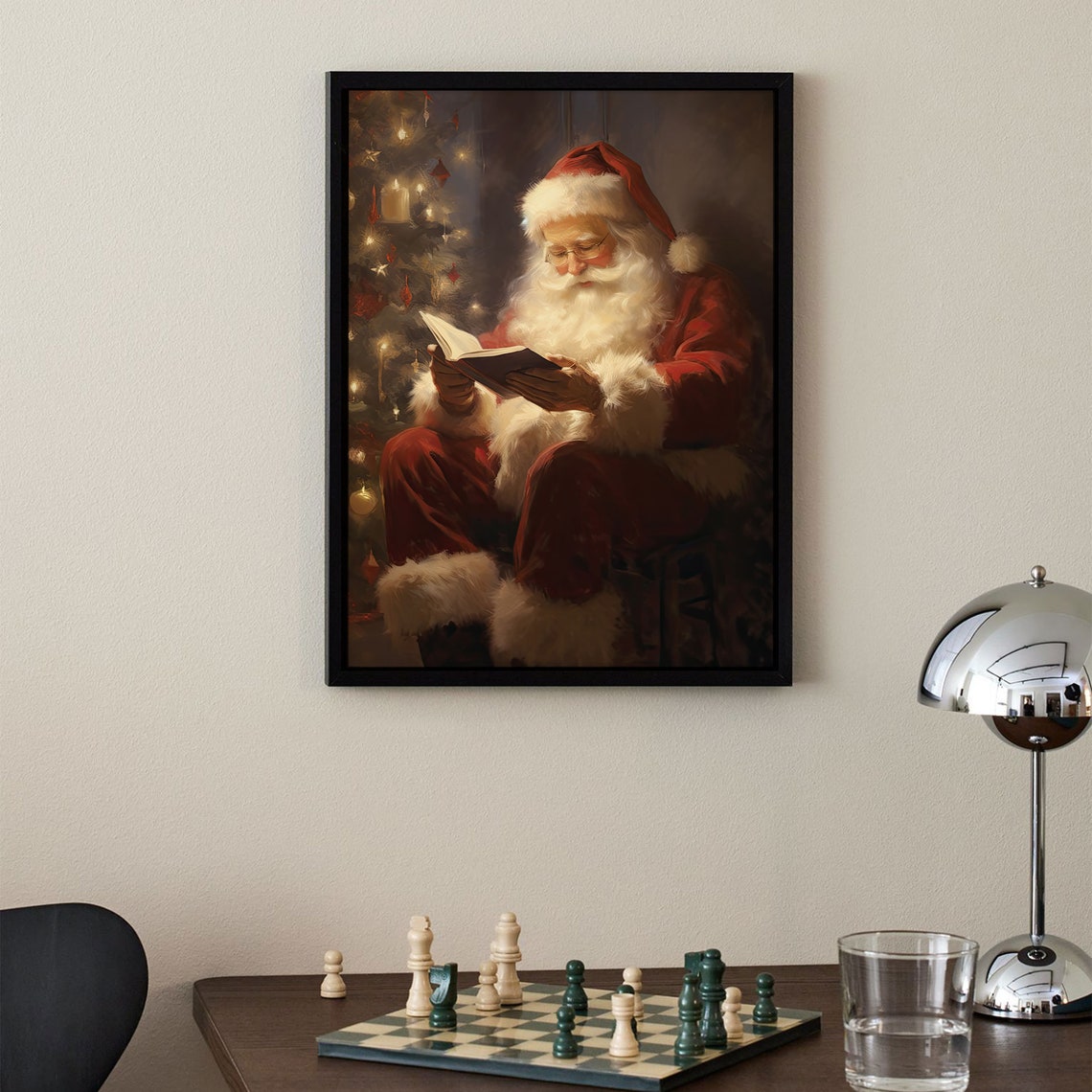 Santa Claus Reading Book Christmas Tree Vintage Style Oil Poster - Image 2