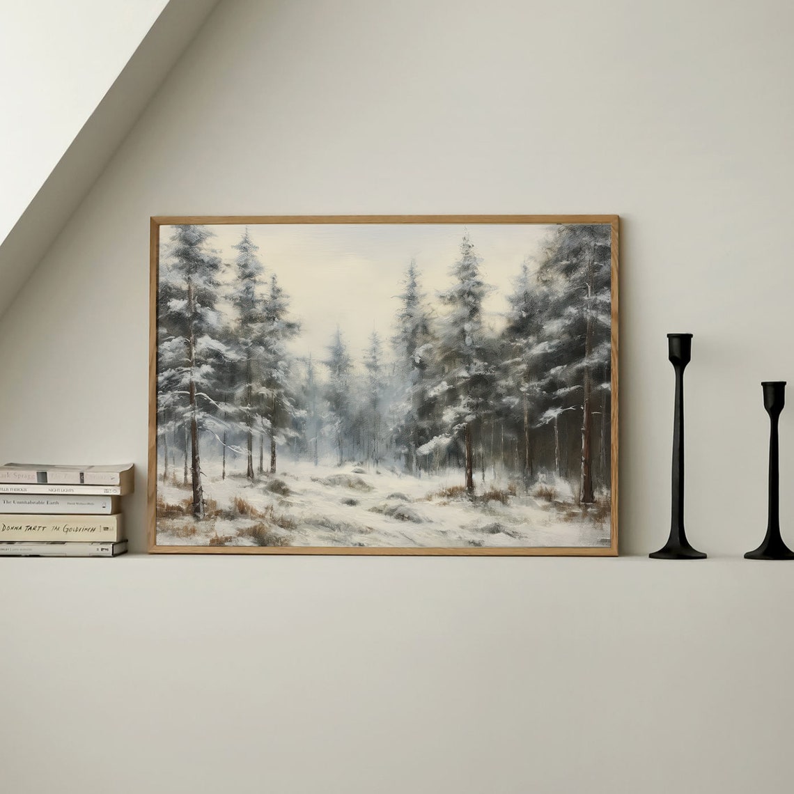 Snowy Pine Forest Winter Landscape Misty Painting Wall Poster - Image 3