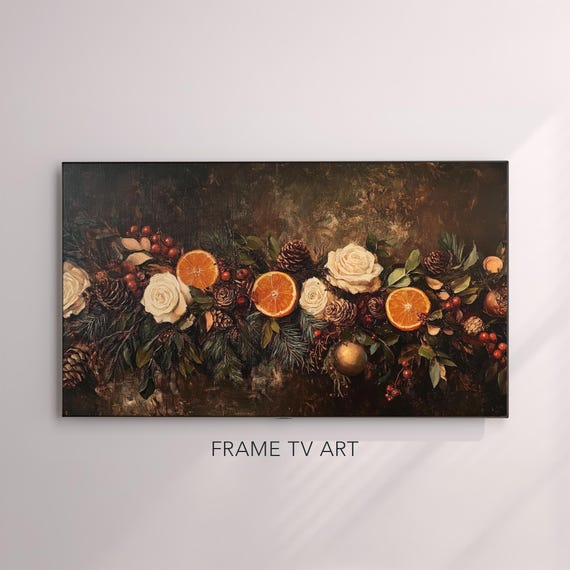 Vintage Winter Floral Christmas Frame Tv Art Holiday Botanical Flower Painting Dark Academia Moody Christmas Decor Tv002