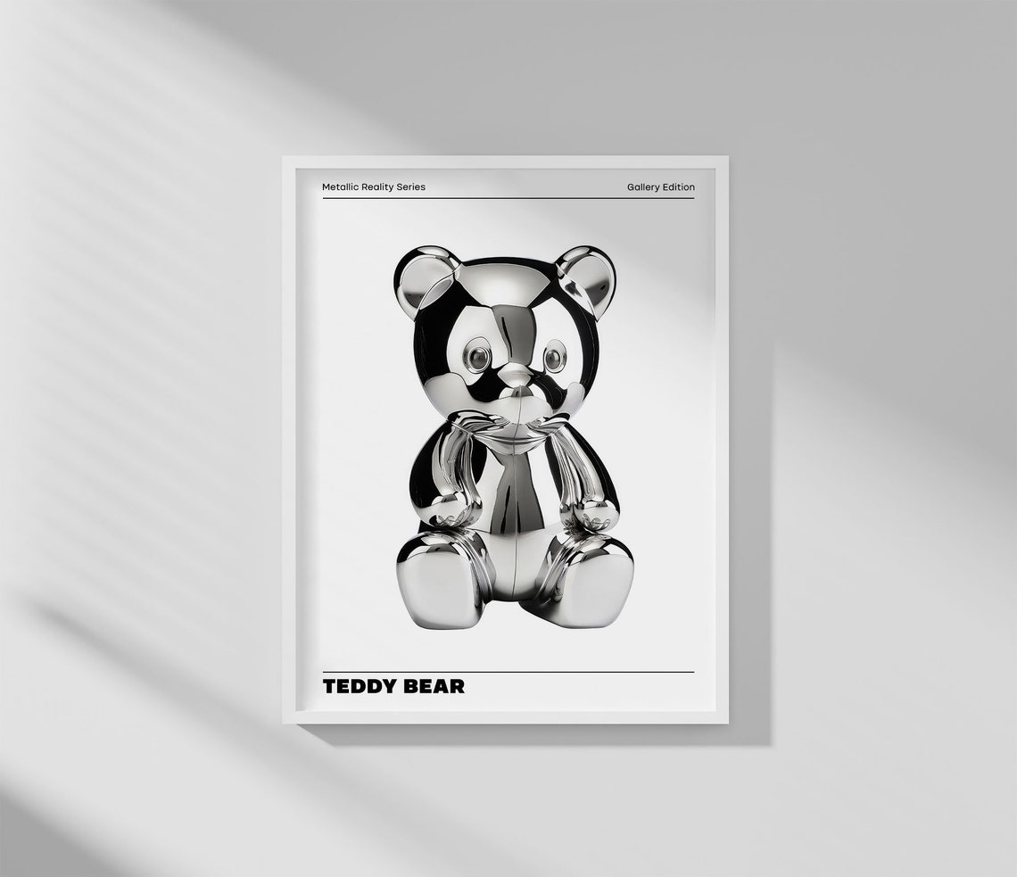 Metallic Teddy Bear Wall Decor Vibrant Chrome Holographic Poster Funky Home Decoration Playful Illustration Print Aesthetic Exhibition - Image 3