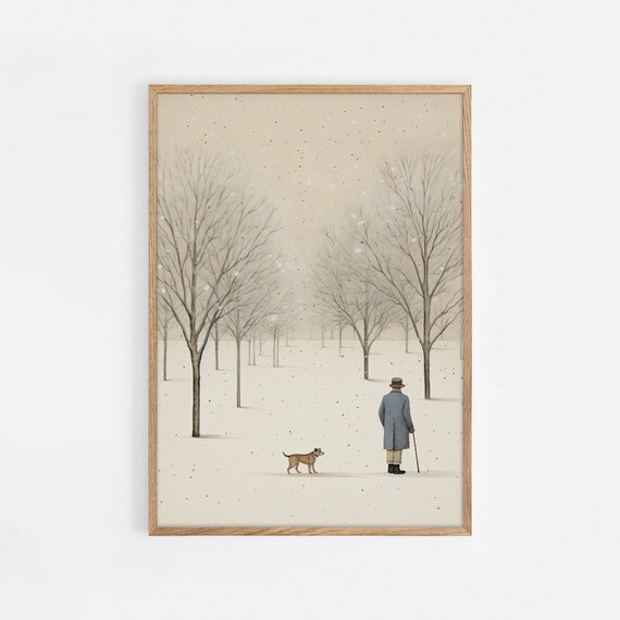Old Man Walking Dog in Snow Among Bare Trees Winter Scene Poster