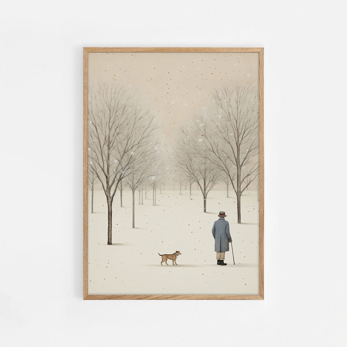 Old Man Walking Dog in Snow Among Bare Trees Winter Scene Poster
