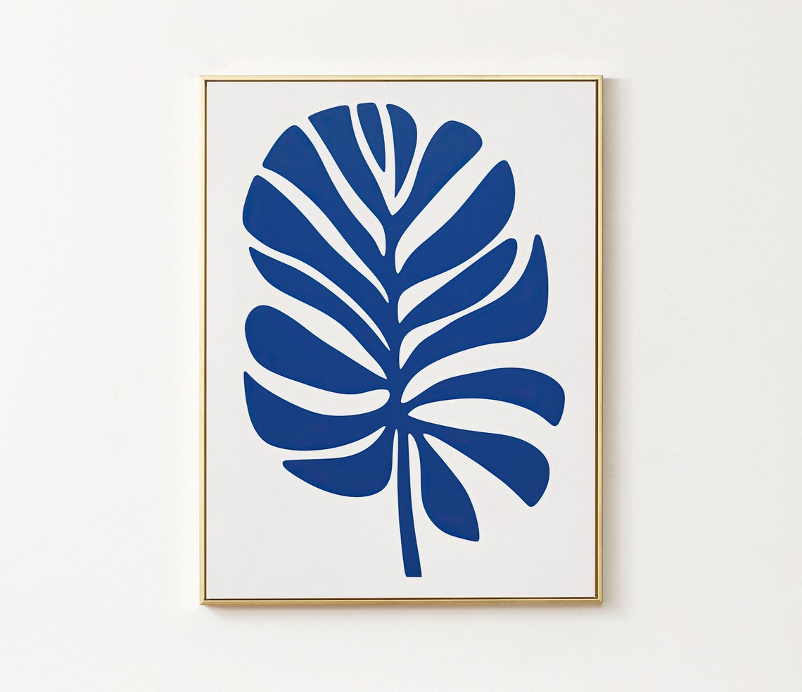 Bold Blue Large Botanical Leaf Matisse Style Abstract Art Poster - Image 3