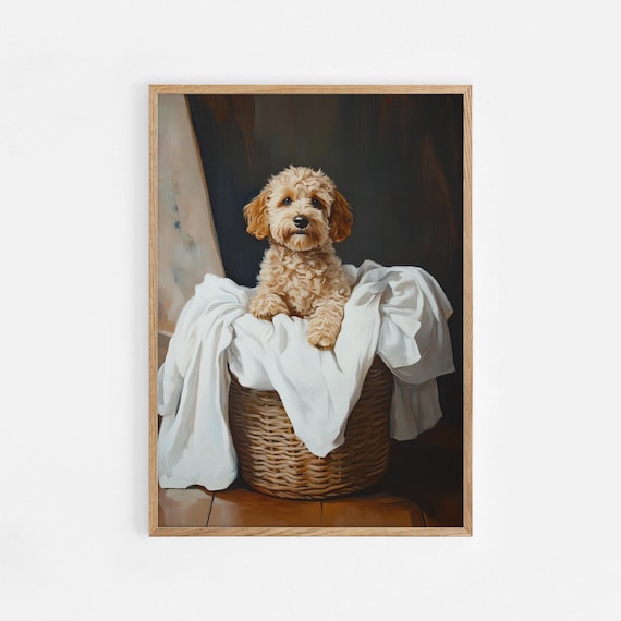 Cute Dog In Laundry Basket Print Cozy Pet Wall Art Puppy Portrait Poster Doodle Decor Rustic Room 1027