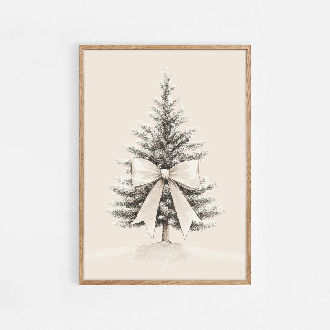 Snowy Christmas Tree With Cream Bow Neutral Winter Art Poster