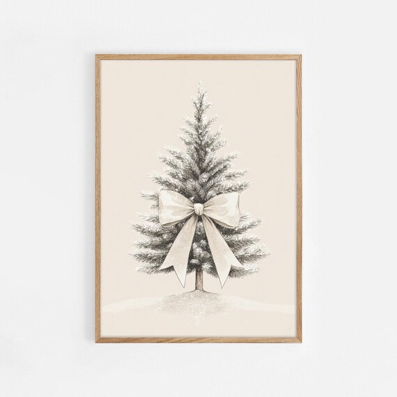 Snowy Christmas Tree With Cream Bow Neutral Winter Art Poster