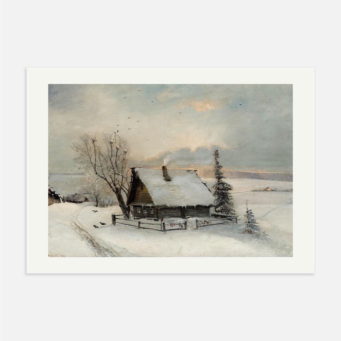 Rustic Winter Oil Painting Vintage Cottage Print Rustic Snow Winter Wall Art Antique Moody Country Vintage Farmhouse Painting - Image 4