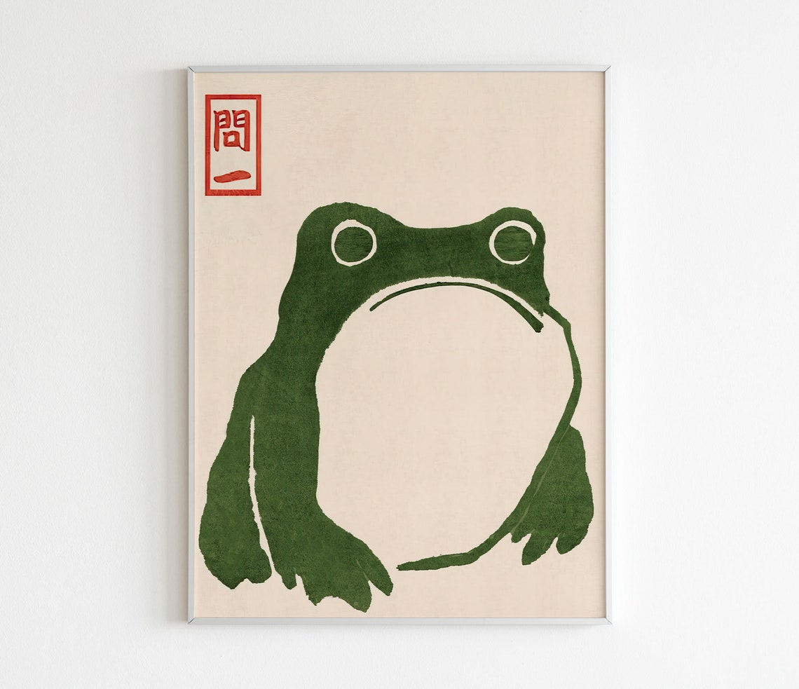Japanese Vintage Frog Woodblock Art Green Ink Red Seal Poster