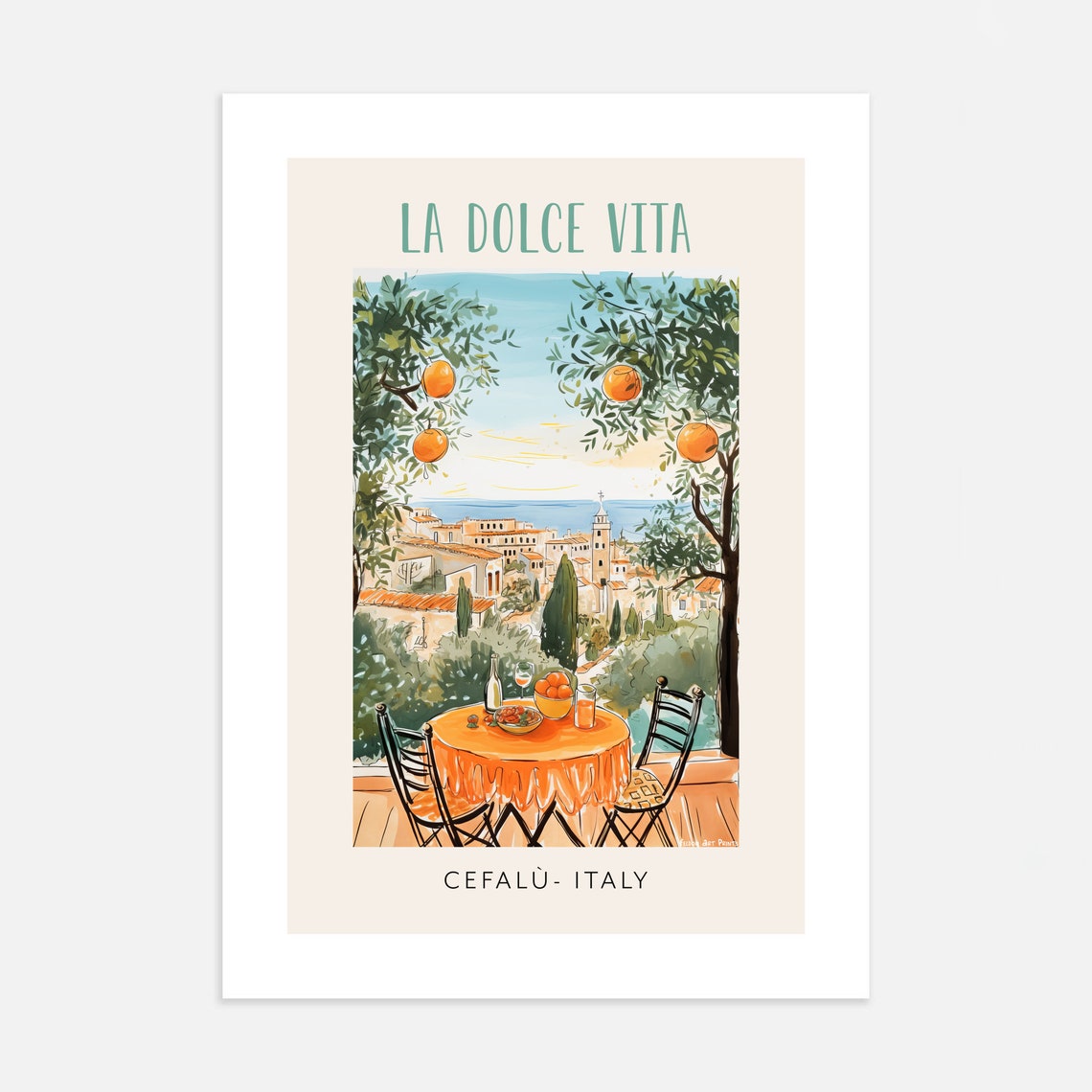 La Dolce Vita Cefalu Sicily Italy Travel Poster Orange Terrace View - Image 3