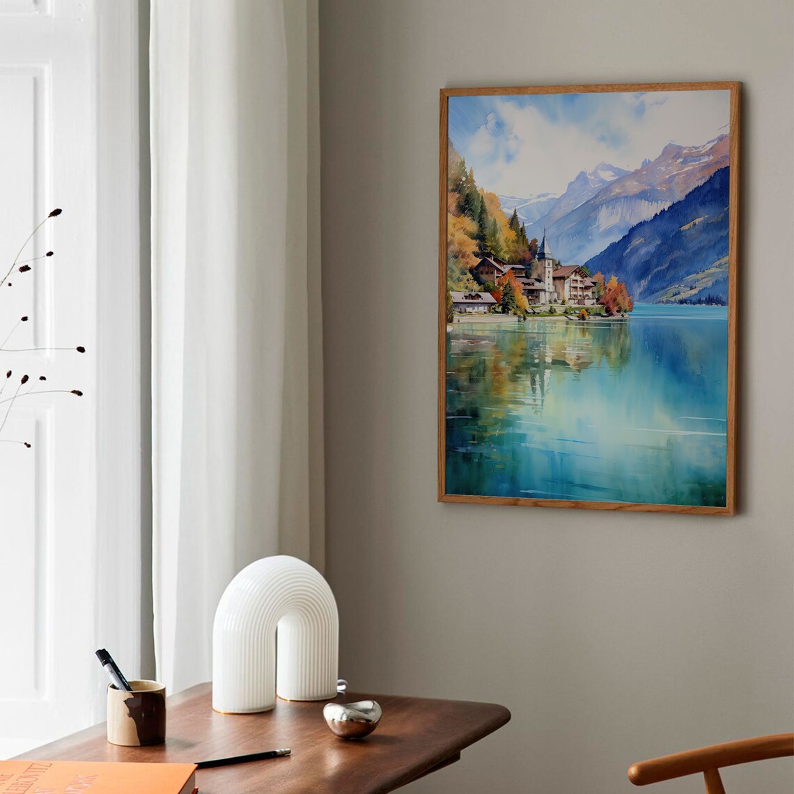 Alpine Lake Village Watercolor Autumn Mountains Lakeside Church Poster - Image 2