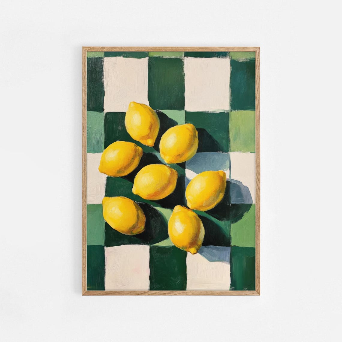 Lemons on Green Checkerboard Retro Fruit Still Life Kitchen Wall Art