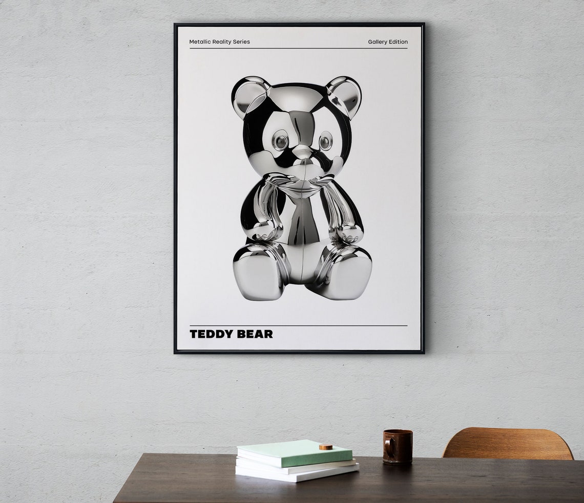 Chrome Metallic Teddy Bear Sculpture Pop Art Gallery Wall Poster - Image 2