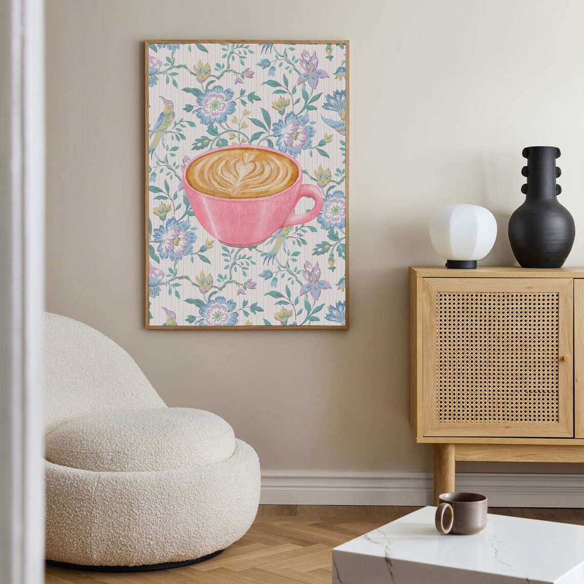 Pink Latte Cup Heart Art Floral Chintz Coffee Cozy Kitchen Poster - Image 2