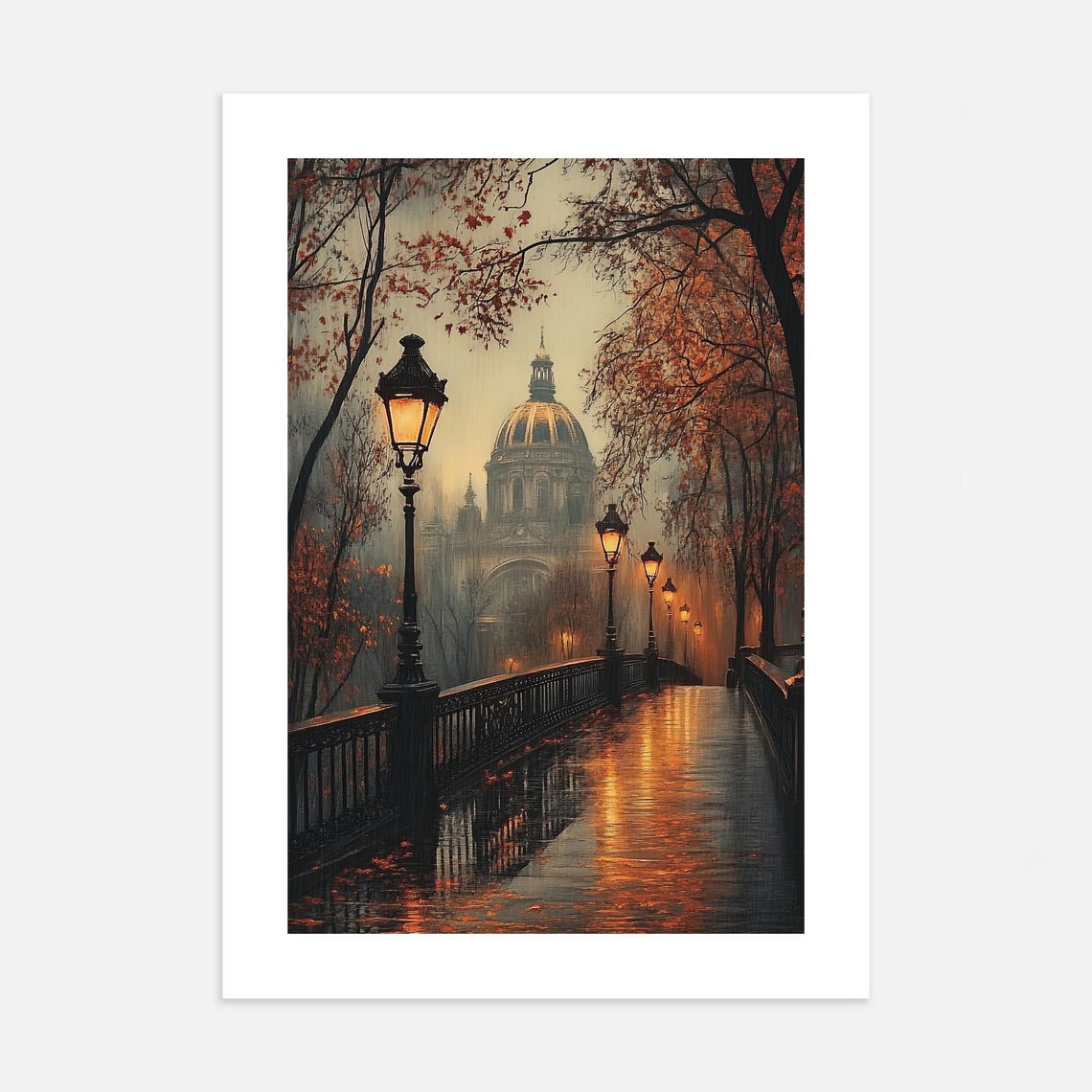 Rainy Autumn City Bridge Moody Evening Lamplight Painting Poster - Image 2
