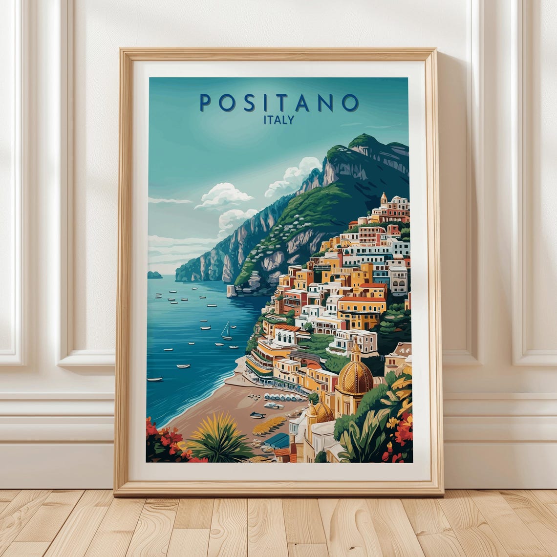 Positano Italy Cliffside Houses Amalfi Coast Boats Dome Travel Poster