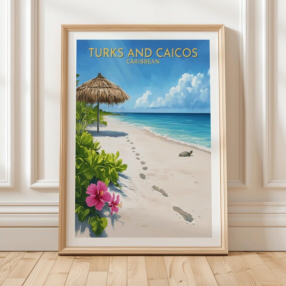 Turks And Caicos Framed Caribbean Beach Hibiscus Travel Poster