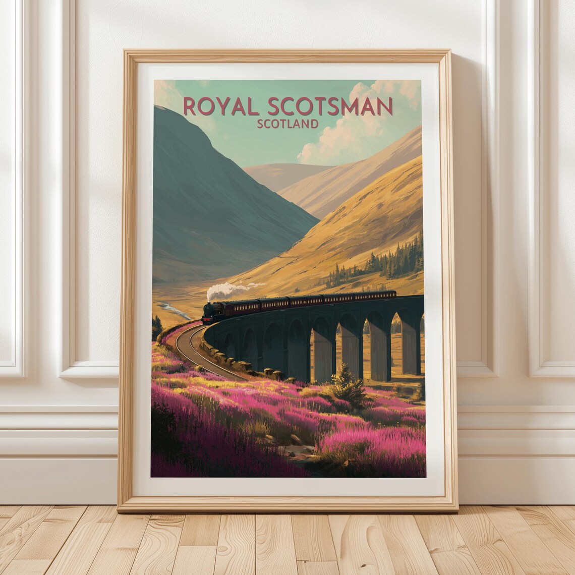 Royal Scotsman Steam Train Viaduct Pink Heather Scotland Poster