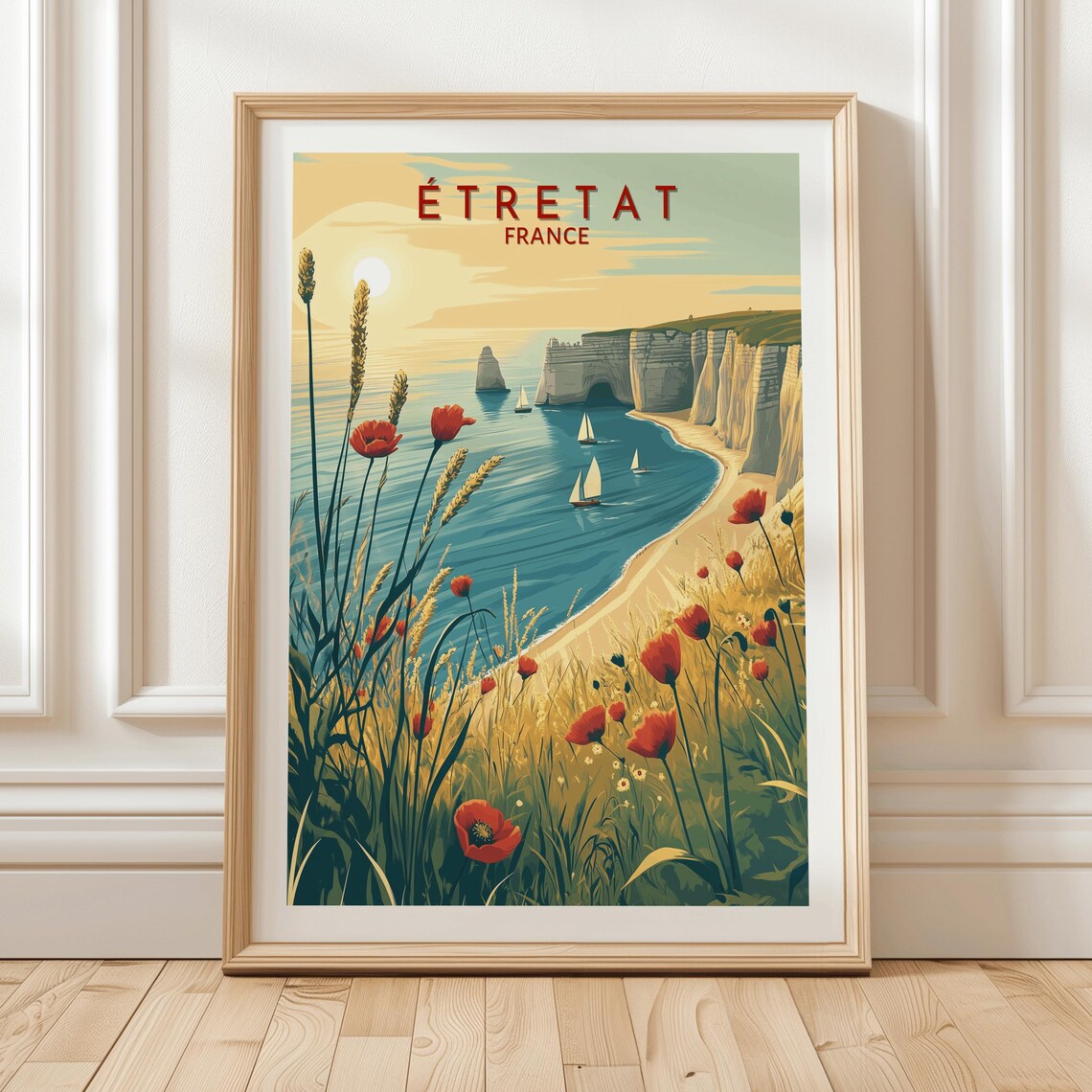 Etretat France Sunset Poster with Cliffs Sailboats and Red Poppy Field