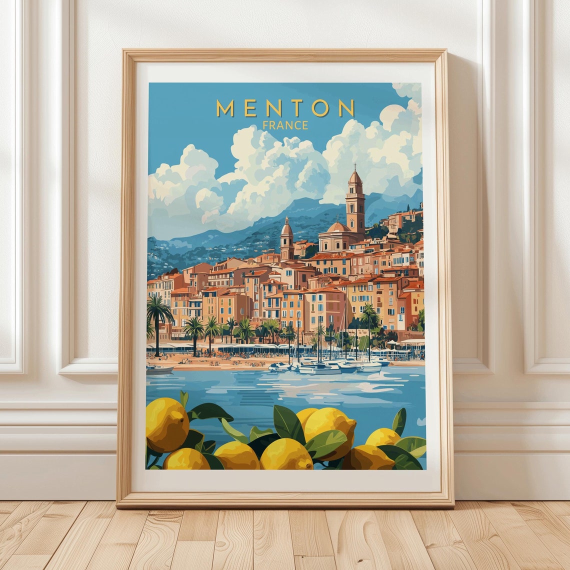 Menton France Travel Art Print With Colorful Old Town Seaside View Lemons And Boats On The French Riviera Wall Decor Poster Traveler Gift
