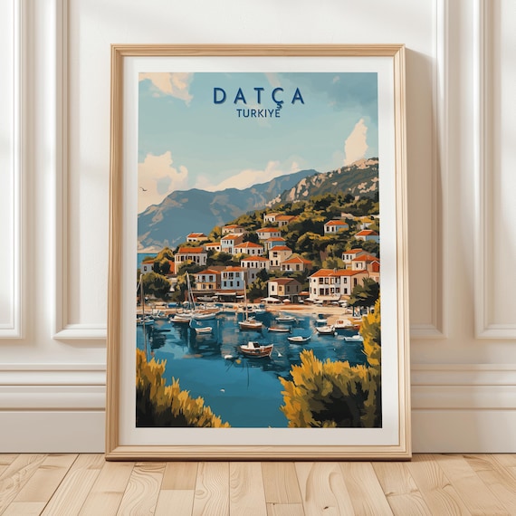 Datça Turkiye Harbor Boats Seaside Village Mountain View Travel Poster