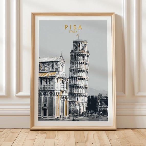 Pisa Italy Travel Poster Featuring Leaning Tower And Cathedral In Minimalist Gray Gold Architectural Illustration Wall Art Print Gift