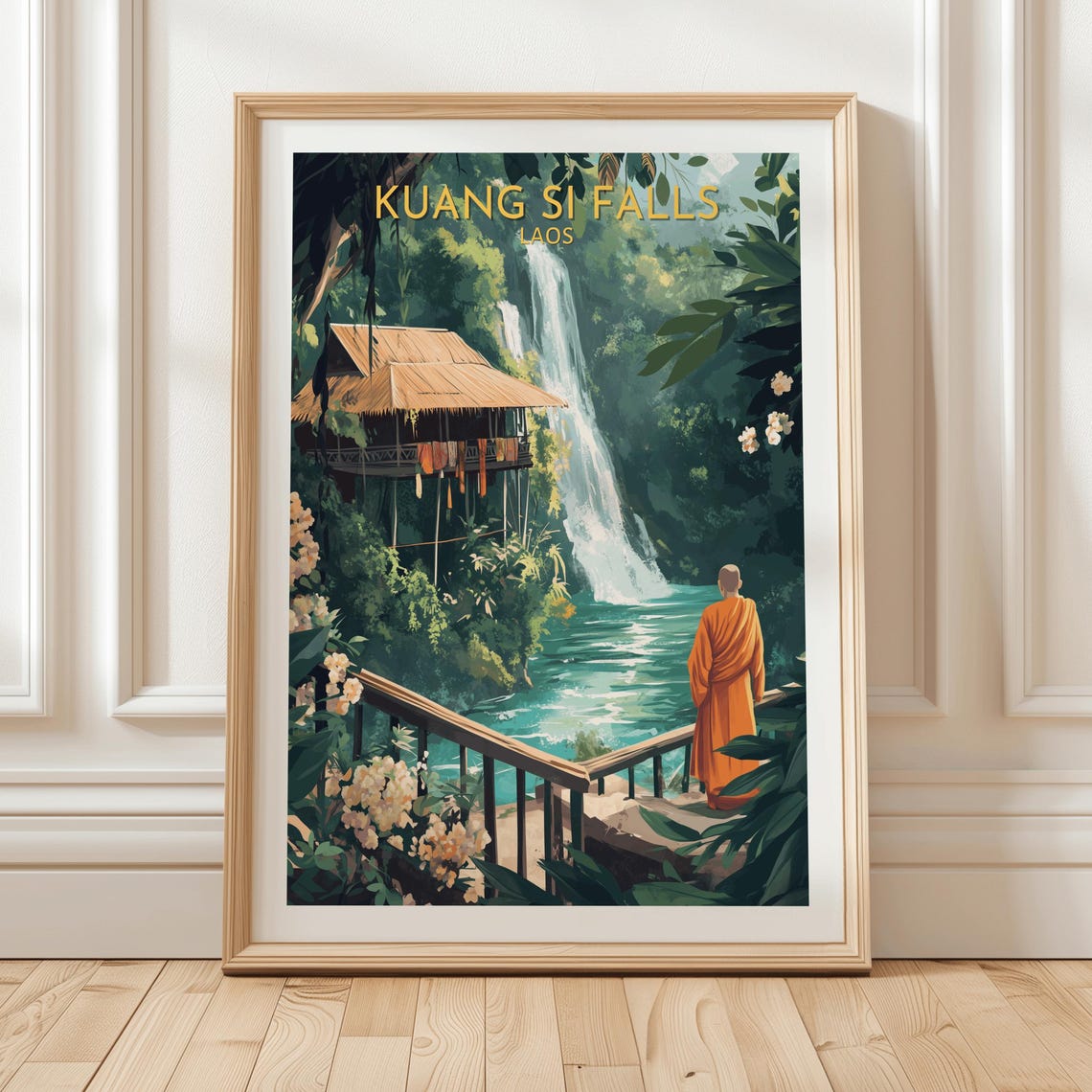 Kuang Si Falls Laos Monk Jungle Waterfall Hut View Travel Poster