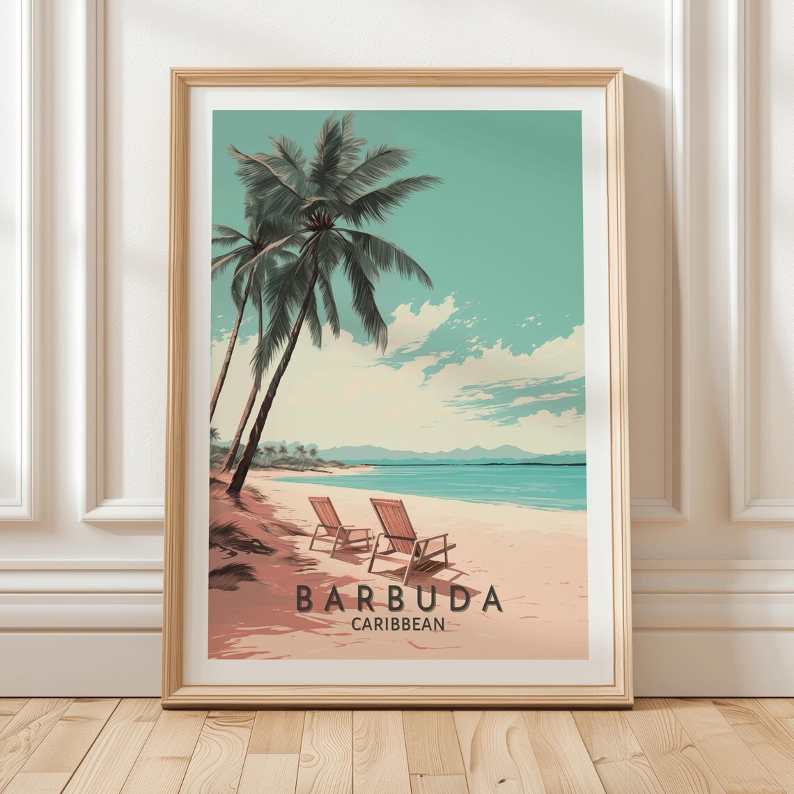 Barbuda Beach Palm Trees Lounge Chairs Caribbean Travel Poster