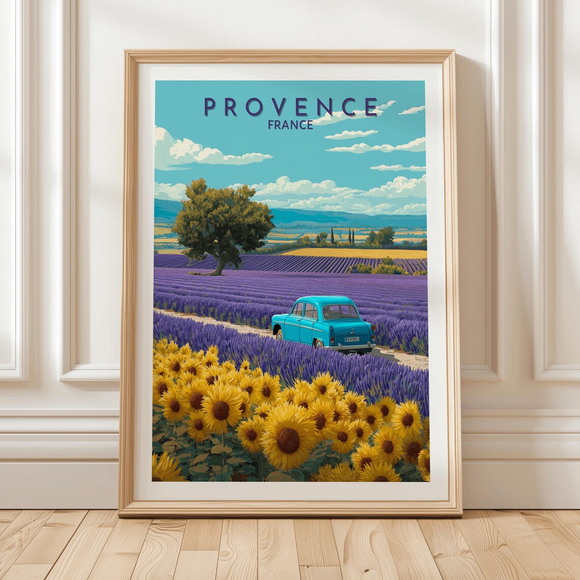 Provence France Lavender Fields Sunflowers Vintage Blue Car Poster