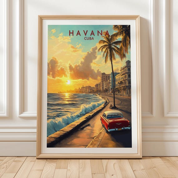 Havana Sunset Boulevard Travel Poster, Vintage Cityscape