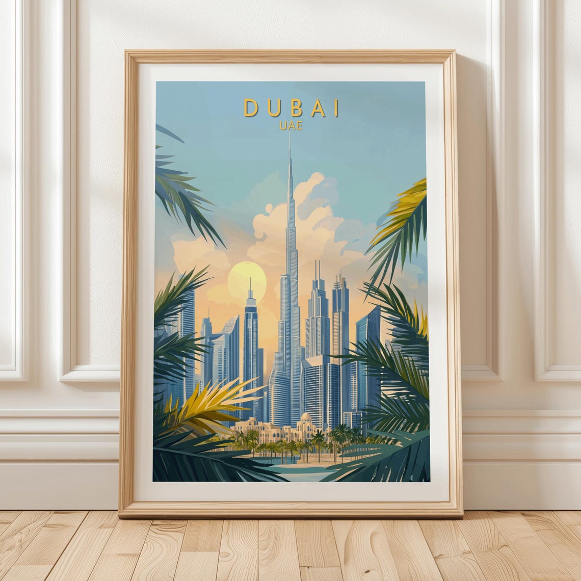 Dubai UAE Palm Framed Burj Khalifa Sun Skyline Travel Poster