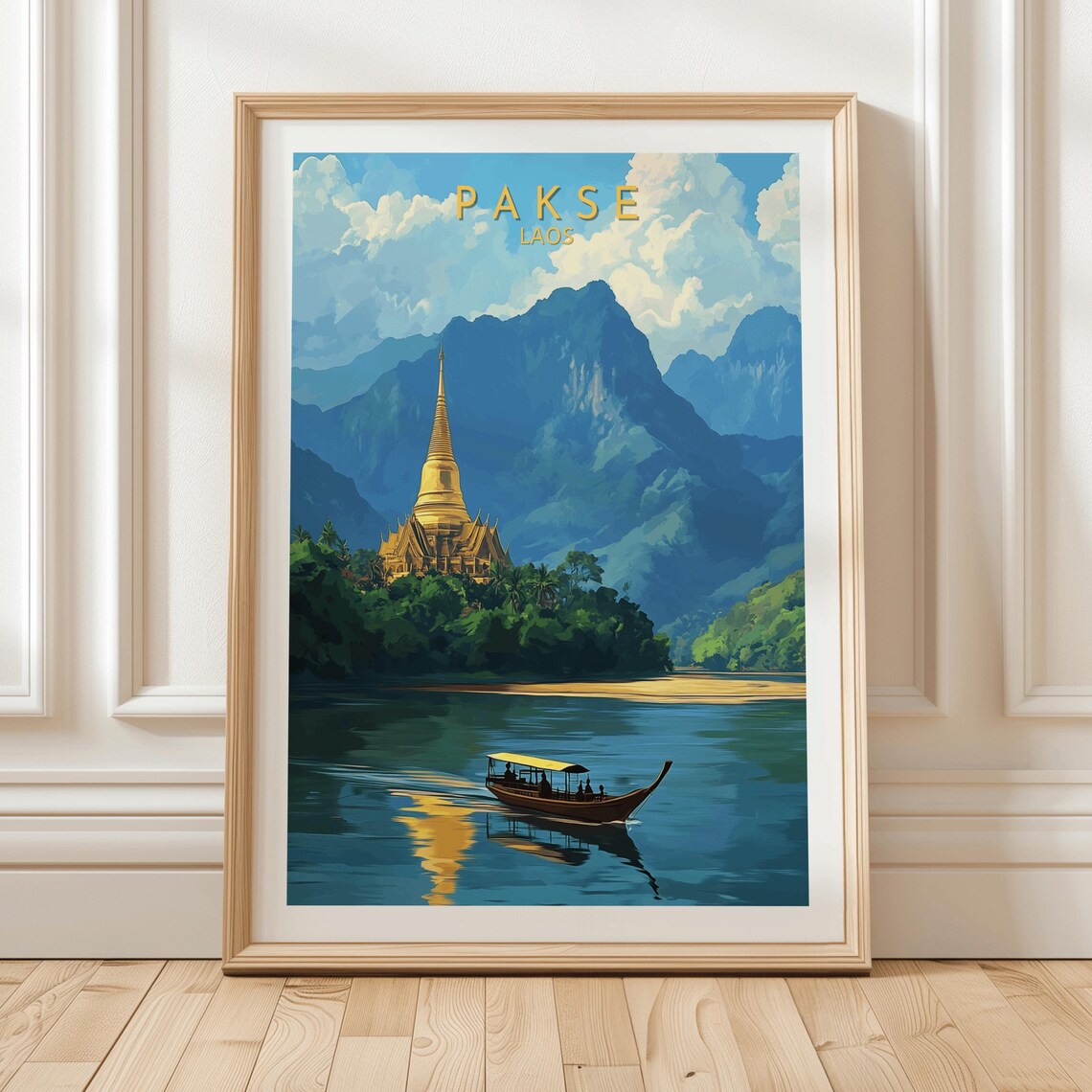 Pakse Laos Golden Temple Riverboat Mountain Landscape Travel Poster