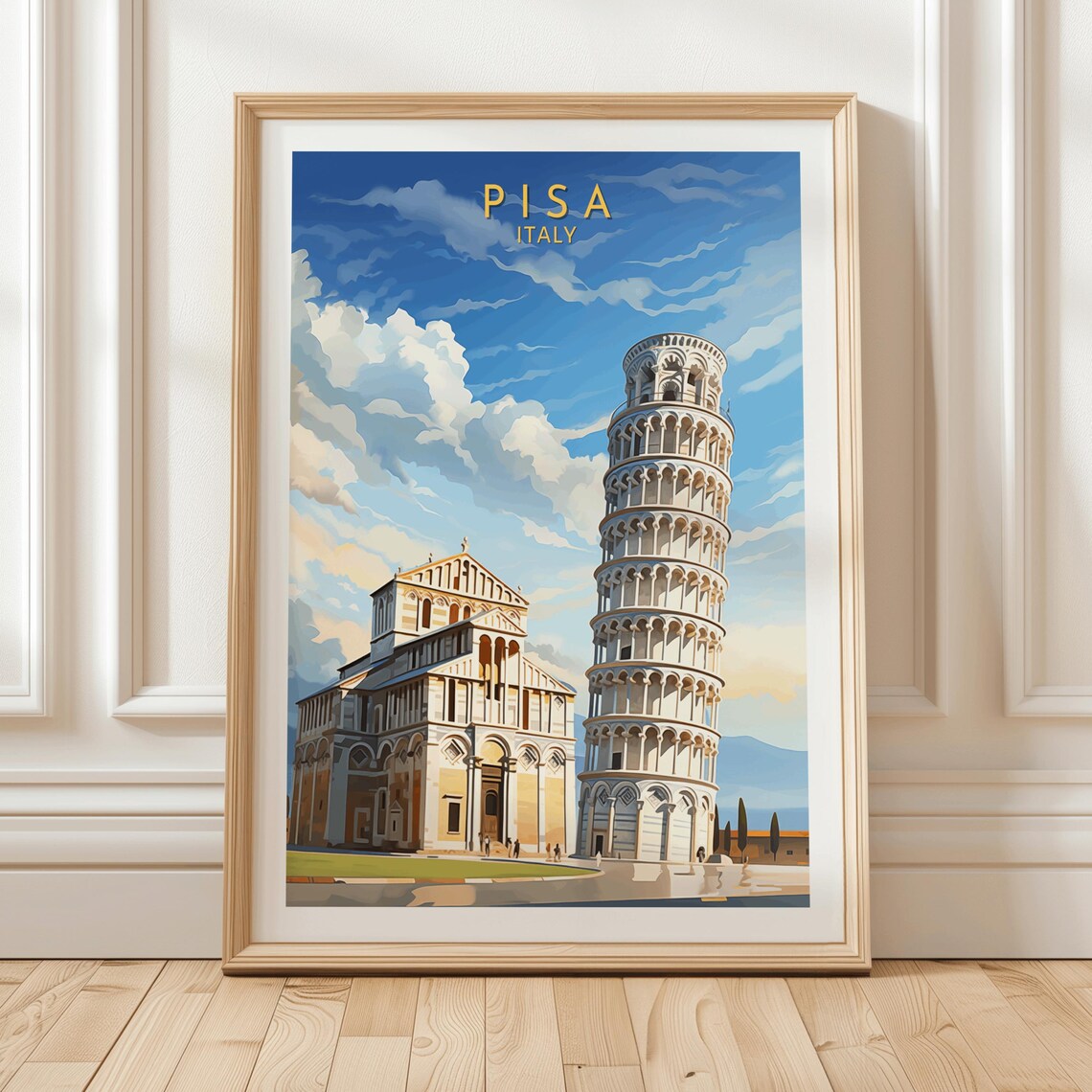 Pisa Italy Leaning Tower Cathedral Blue Sky Vintage Travel Poster