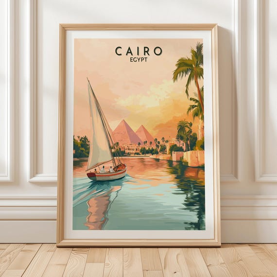 Cairo Egypt Travel Wall Art Print Featuring Traditional Sailboat On Nile River With View Of Pyramids And Sunset Palm Landscape Gift